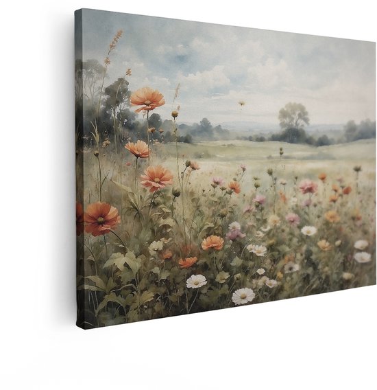 Artaza Canvas Schilderij Bloemen Landschap - 40x30 cm - Wanddecoratie Landelijk - Muurdecoratie Natuur - Schilderijen Op Canvas Aquarel Veld