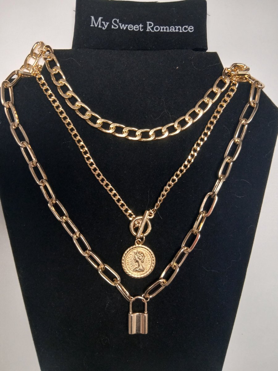 My Sweet Romance® - 3-Delige Dames Ketting - Goudkleurig met Munt en Slot Hanger