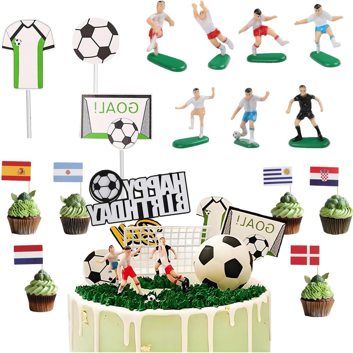 Sport Thema Voetbal Taarttopper Set - Verjaardag Taartdecoratie - Voetbal Cake Topper - Jongens Partij Kinderen - Herbruikbaar - Happy Birthday - Armbanden - Voetbal Fans.