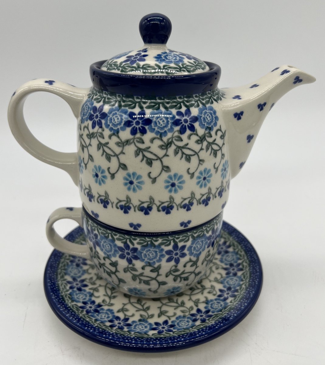 Bunzlau keramiek tea for one licht blauwe bloem 3209X