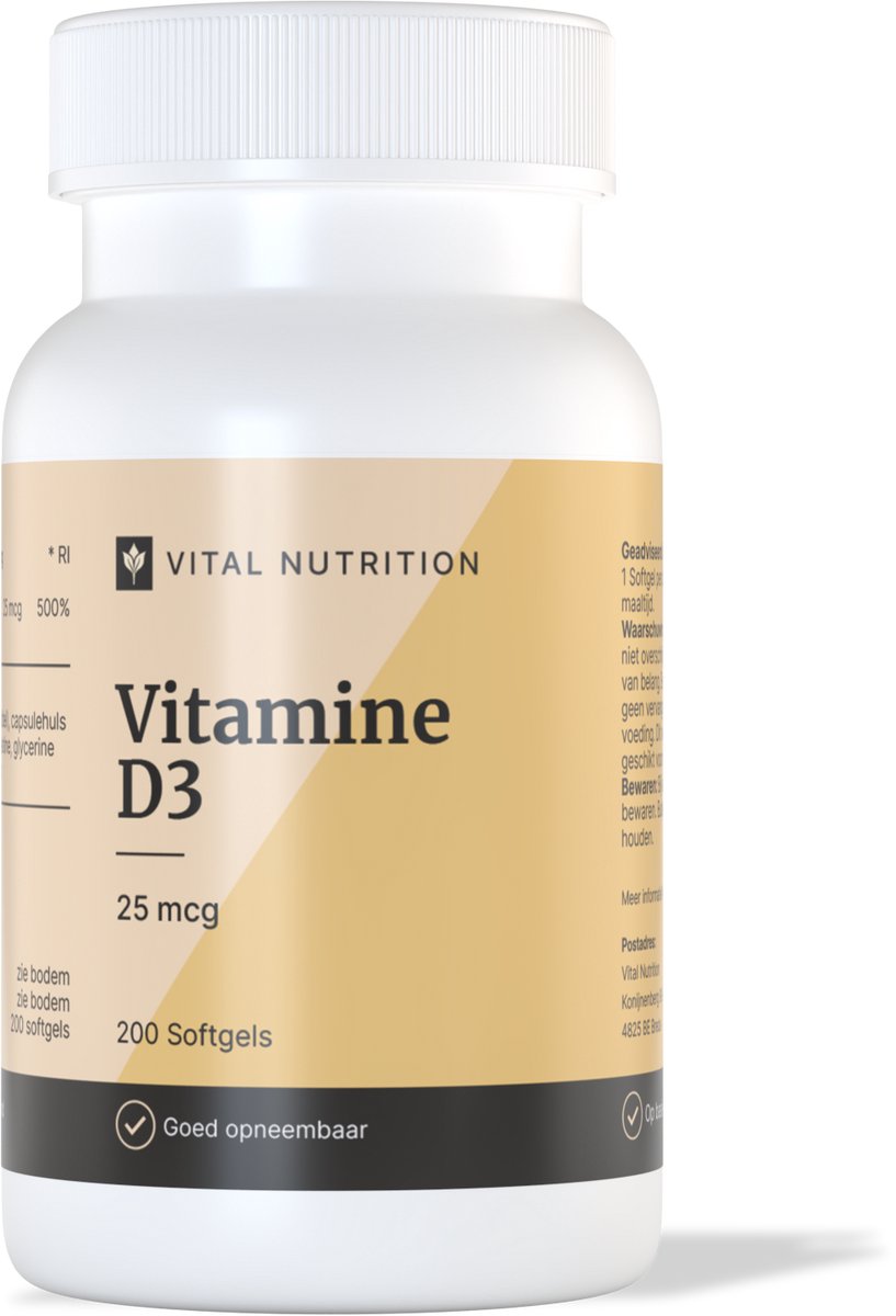 Vital Nutrition Vitamine D3 - 25 mcg/1000 IE - Als Cholecalciferol - Met olijfolie voor superieure opname - 200 softgels