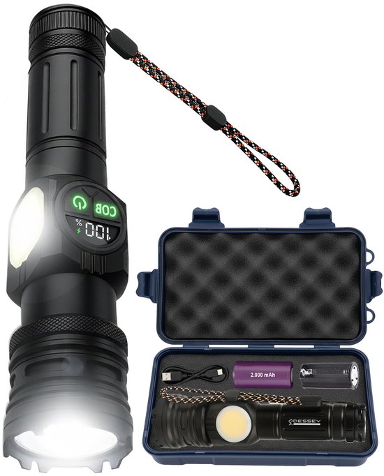 Zwarte zaklamp met COB-licht, display, polsband en opbergkoffer met accessoires.