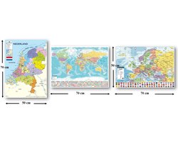 Wereldkaart poster - Nederland kaart poster - Europa kaart poster - Set van drie verschillende schoolkaarten - Formaat 50 x 70 cm - multi- wanddecoratie