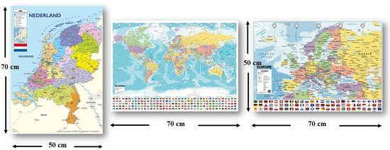 Trois affiches: Pays-Bas 50x70cm, carte du monde 70x70cm, Europe 70x50cm. Dimensions indiquées par des flèches.