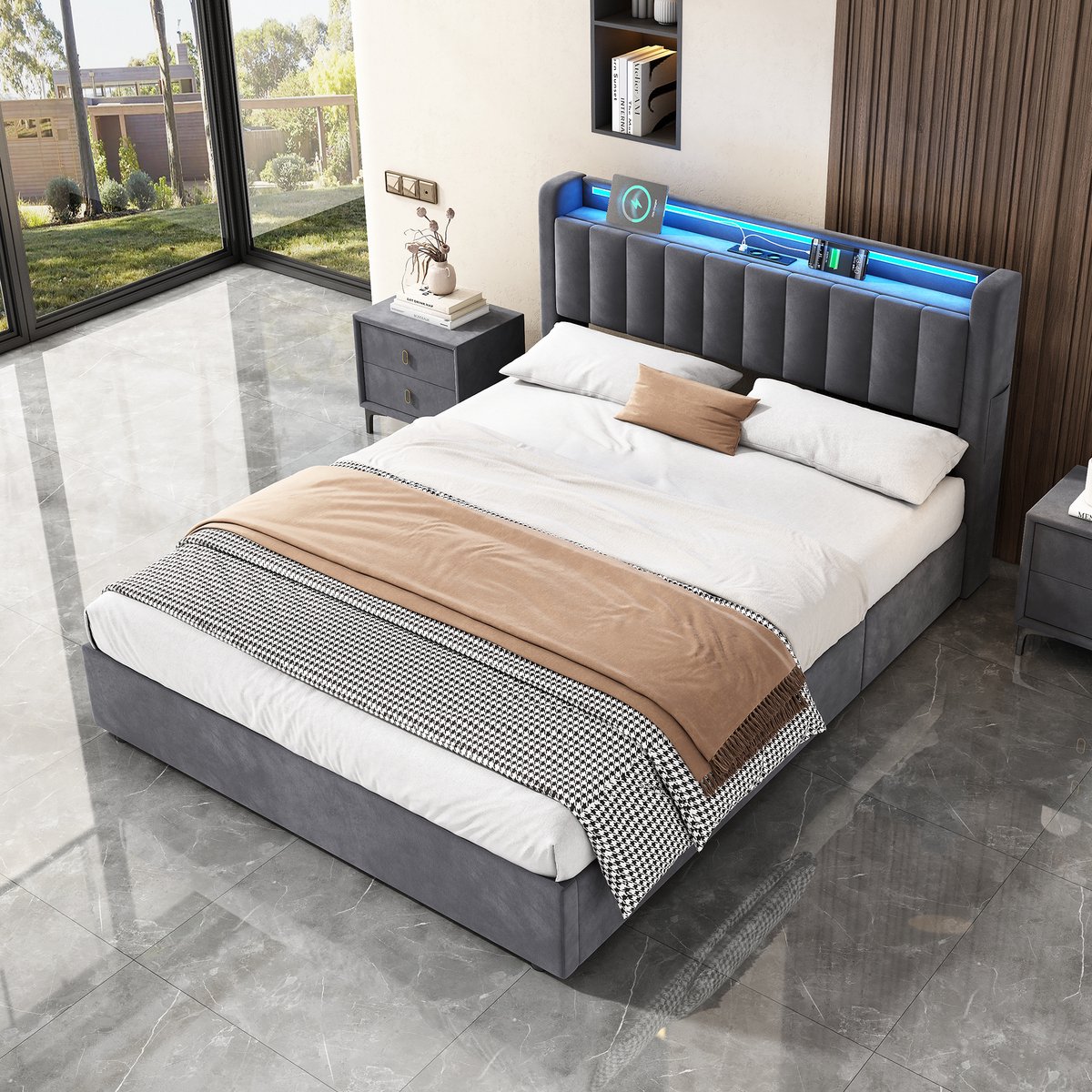 HAUSS SPOLE Gestoffeerd Bed 140x200 cm - Tweepersoonsbed Met LED Verlichting En Opbergruimte - Stoffen Bedframe - Donkergrijs