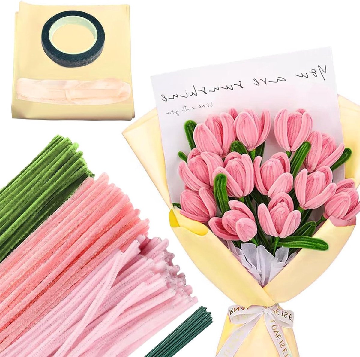 Pijpenreiniger bloemsierkunst set met plakband en kleurpoeder - 300 stuks - roze