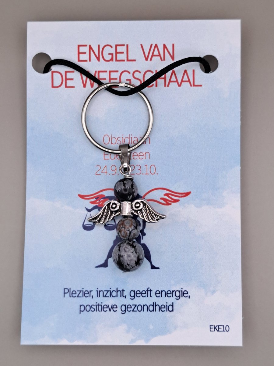 Geluksengel - Sterrenbeeld Weegschaal - Sterrenbeeld hanger - Natuursteen Obsidiaan - een Engeltje voor jou - Edelsteen - Sleutelhanger - Beschermengel - Guardian Angel - Sterrenbeeld cadeautje - Natuursteen Tijge