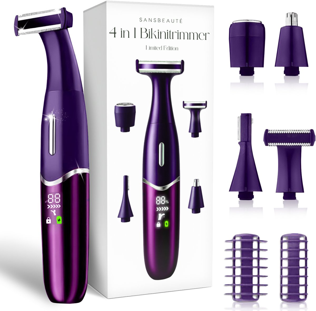 4-in-1 Bikinitrimmer - Sansbeauté® - Gezicht - Oksels - Benen - Bikinilijn - Wenkbrauw Trimmer - Gezichtsontharing Dames - Intieme Zone - Ladyshaves Bikini - Ontharingsapparaat Electrisch