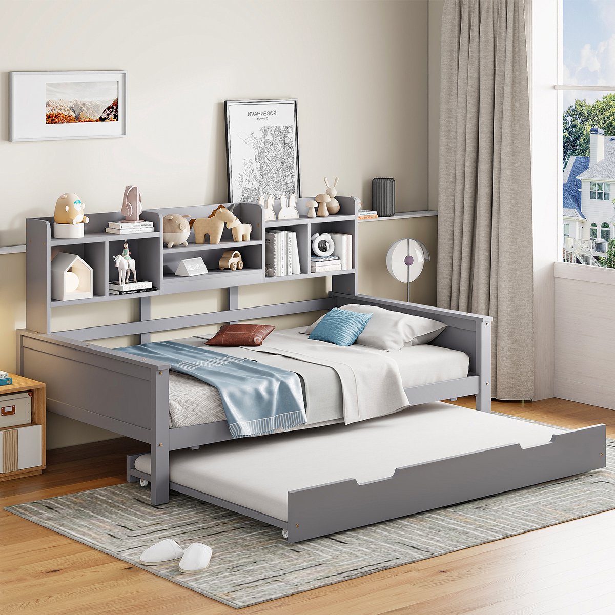MIVRAY Slaapbank 90x200cm Zonder Matras - Uitschuifbed 90x190cm Met Opberglades En Rugleuningvakken - Massief Hout - Grijs