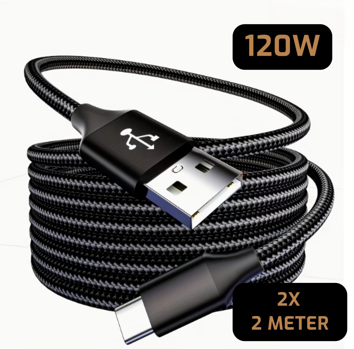 LUKARDIE® 2X 120W Super Charge USB-A naar USB-C Kabel – Voordeelset (2 Stuks) – 2 Meter – Ultra Sterk Gevlochten Nylon – Zwart - Geschikt voor Samsung, Xiaomi, Huawei & iPad Pro - Laden & Dataoverdracht