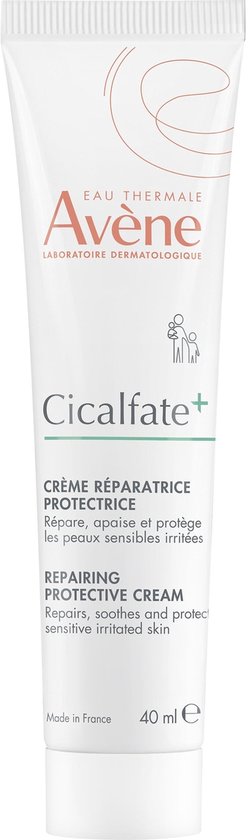 Witte tube met rode en grijze tekst. Avene Cicalfate+ crème voor gevoelige, geïrriteerde huid.