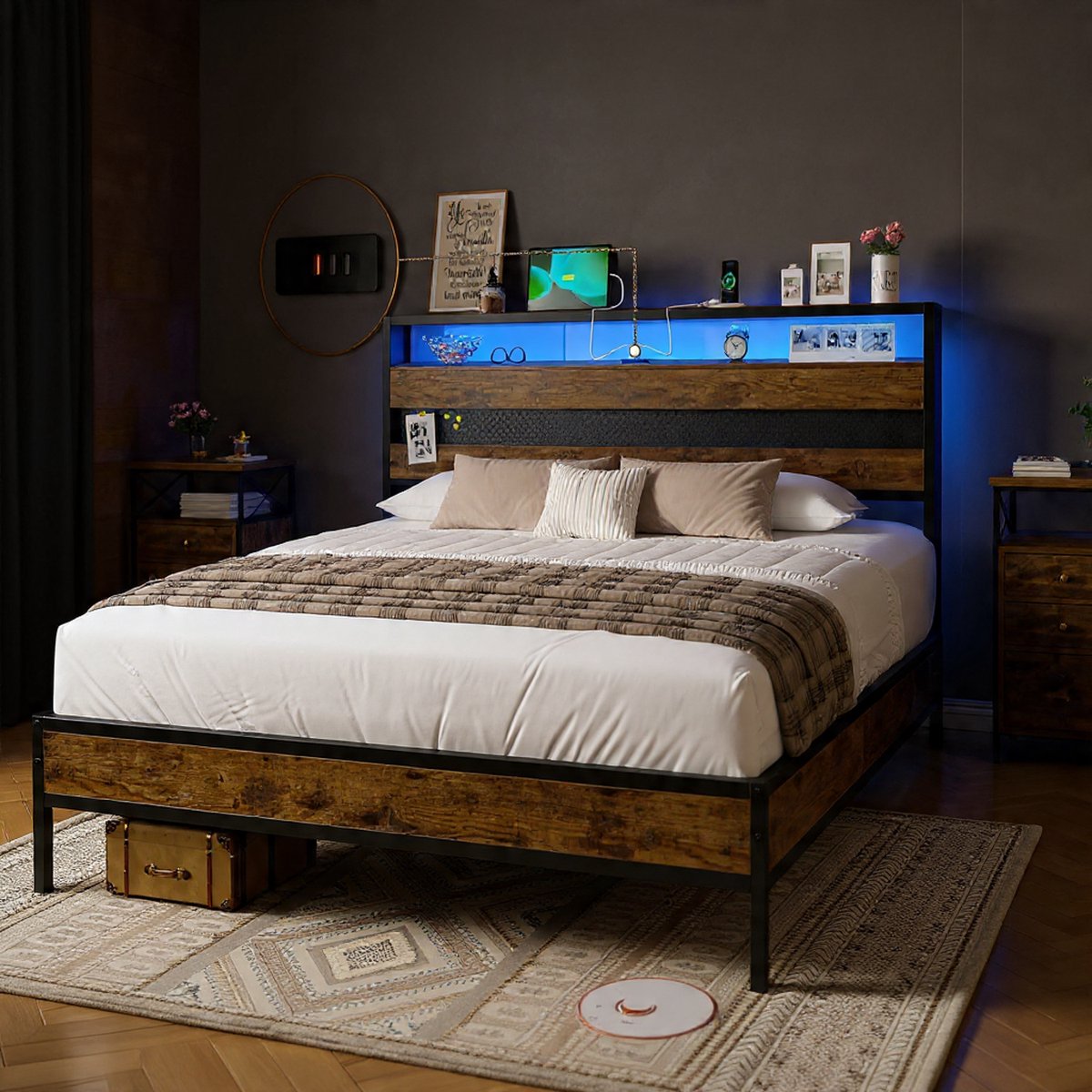 Modern Metaalbed 140x200 cm – Dubbelbed met USB & Type-C Oplaadfunctie, LED Sfeerverlichting, Opbergruimte en Stil Lattenbodem – Industrieel Design voor Slaapkamer en Gastenkamer - House&Garden