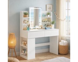 kaptafel met Verstelbare LED Verlichting en grote spiegel, Make-up Tafel met 2 grote laden, zijopslag, 4 open compartimenten, 3 lichtsterktes,moderne slaapkamers,kleedkamers