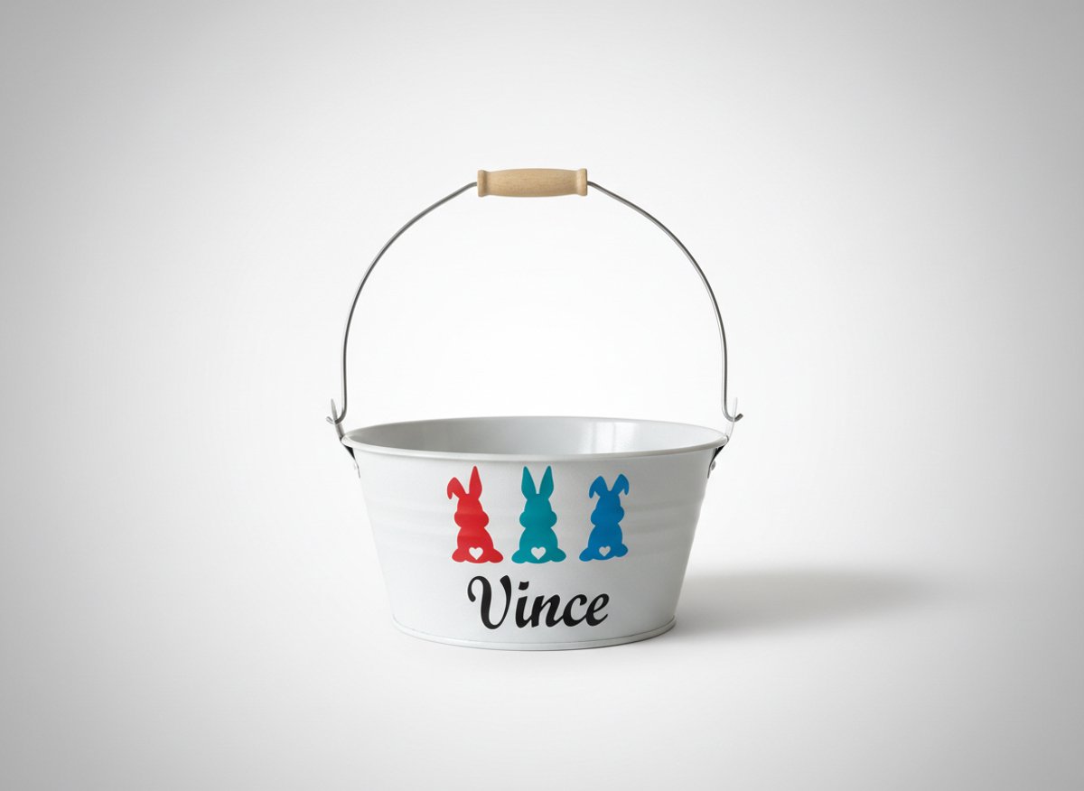Hip met Pit Creaties Paasmandje - Gepersonaliseerd Naam - Wit Houten Handvat - 20cm Ø 11cm Hoog - Jongen Meisje - Mail Naam - Paashaasjes