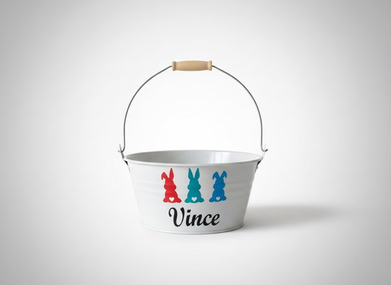 Paasmandje met naam - Gepersonaliseerd - Pasen - Wit - jongen / meisje - Paashaas - 20 cm doorsnede - 11 cm hoog