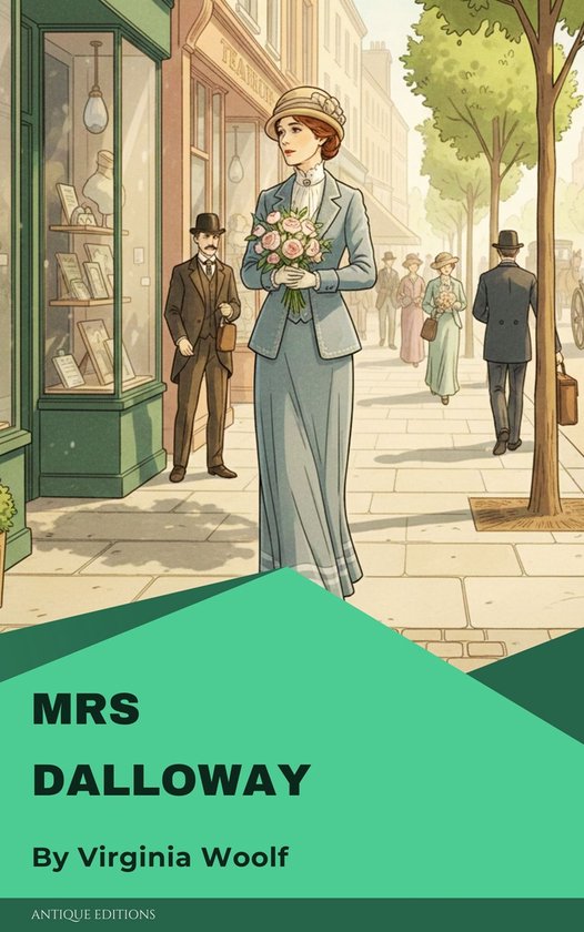 Vrouw in blauw mantelpak met hoed, bloemen in hand, op straat met TEA ROOM teken.