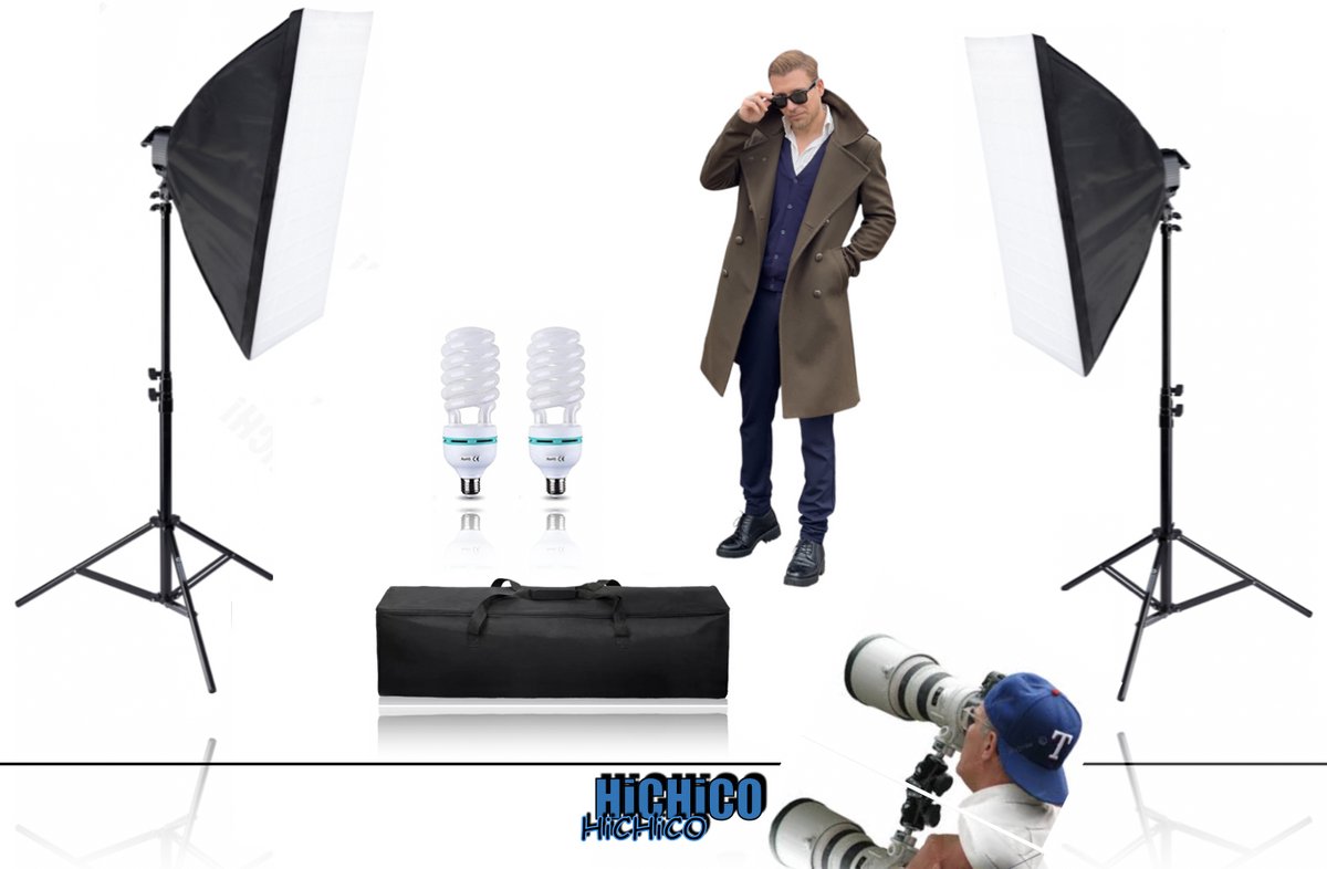 HiCHiCO® Softbox Studiolamp - Studiolamp 50x70cm - Studioflitser - Fotolamp - Fotografie - Camera Licht - Softboxen Fotografie Foto Studio Verlichting Kit - incl. Draagtas, professionele Statief en Lamp 130W - 1SET/2PCS