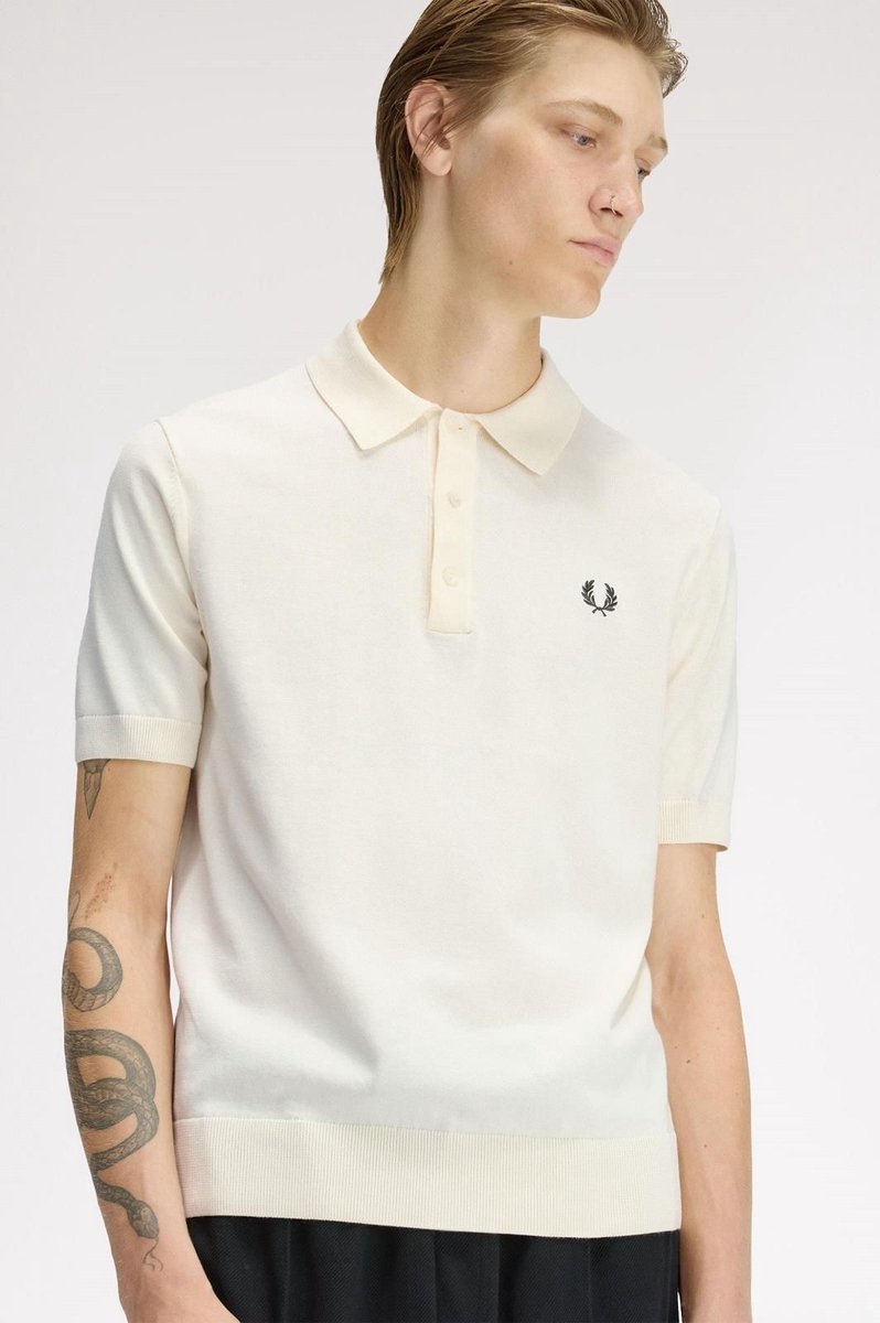 Fred Perry Long Staple Cotton Knitted Shirt Ecru Beige