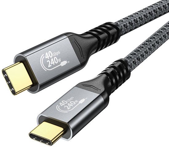 Twee USB C connectoren met gouden pinnen. De kabels zijn gevlochten en grijs van kleur. Aanduiding 40Gbps 240W.