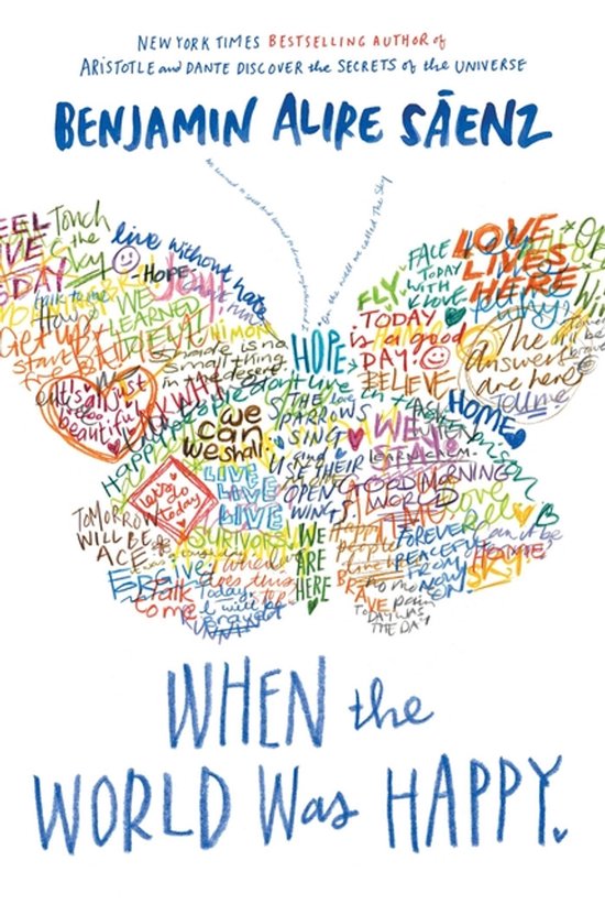 Boekomslag met vlindervormige tekst en woorden zoals 'HOPE', 'LOVE', 'LIVE' en de titel 'WHEN the WORLD Was HAPPY'.