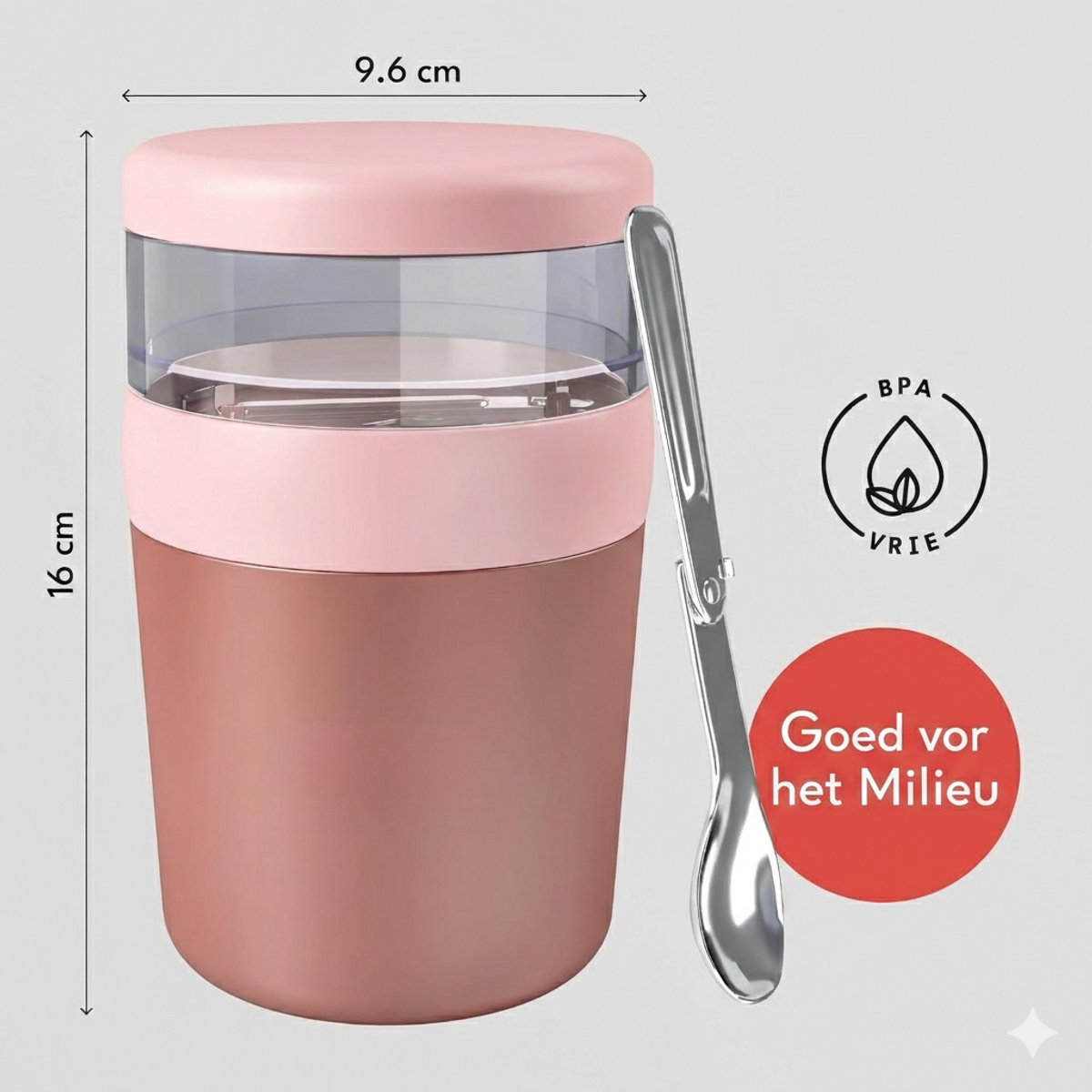 PromoHome Mueslibeker voor onderweg 650 ml - RVS geïsoleerd met lepel - Yoghurtbeker voor pap, muesli & cornflakes - BPA-vrij - Vaatwasserbestendig - Roze — cadeau in Koken & Dineren - foto 3