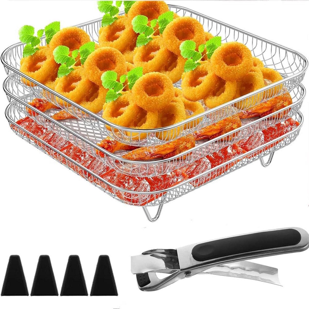 Stapelbaar 3-Laags Airfryer Rack van RVS - Grill, Dehydrator Mand & Anti-Brandwonden Clip