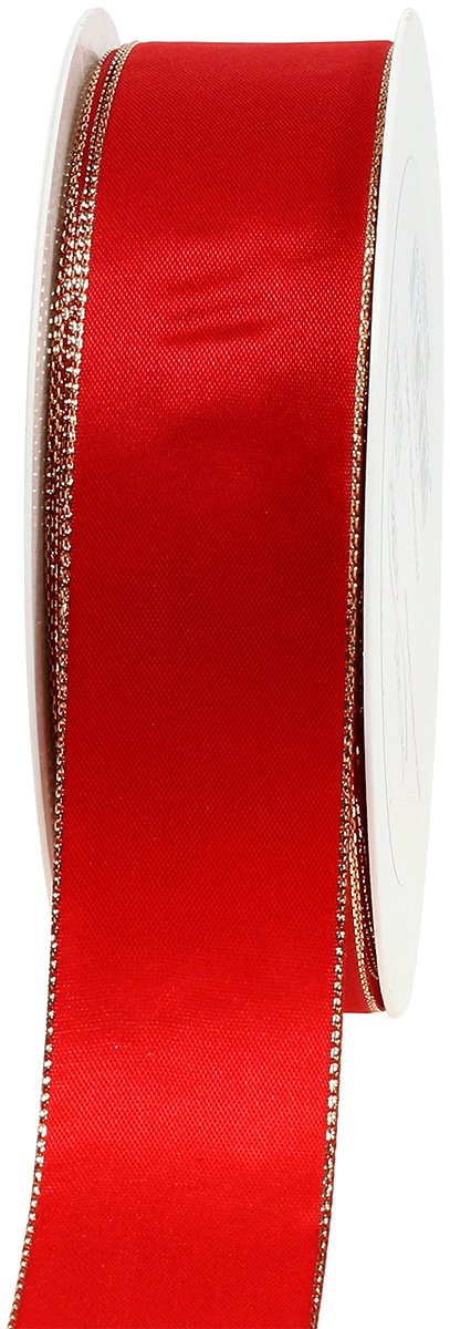 Rood satijnen lint met gouden rand, 40 mm breed, 40 m lang