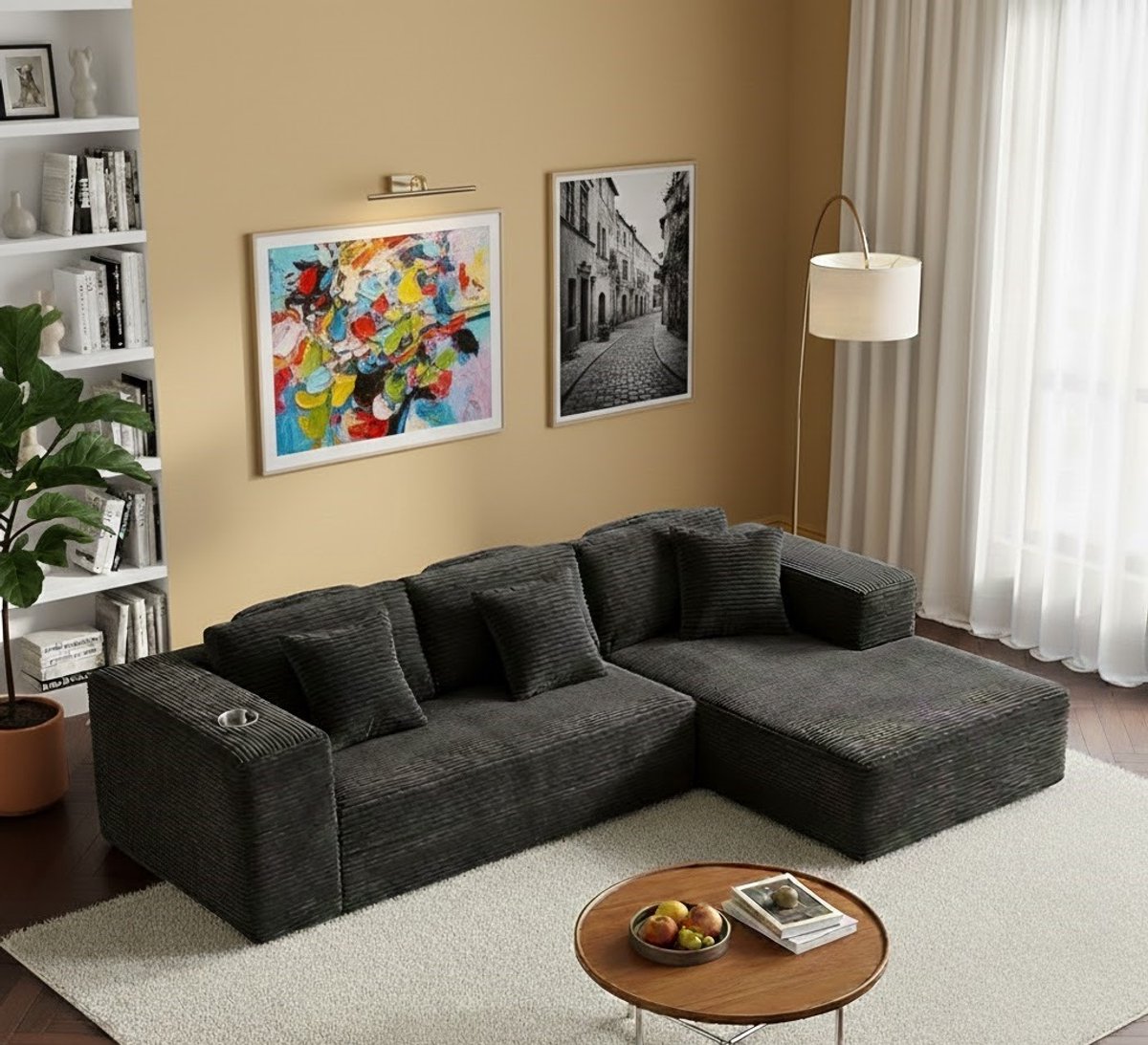 Luxe Corduroy Hoekbank “Cloud Comfort” met Chaise Longue, 3 Nekkussens, Bekerhouder & Opbergruimte – Moderne L-vormige Slaapbank Zwart voor Woonkamer House&Garden