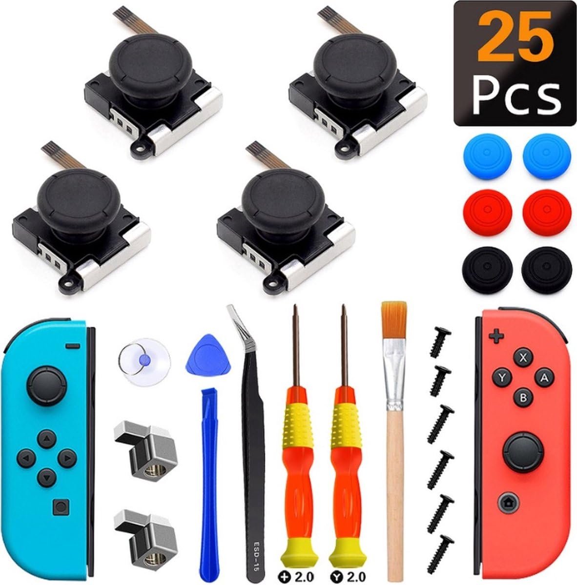 Okado Joy-Con Reparatieset voor Nintendo Switch – 4x Joystick Vervanging + Tools – 25-Delige Set met Tri-Wing en Kruiskop Schroevendraaier – Thumb Stick Caps en Accessoires