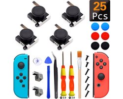 Okado Joy-Con Reparatieset voor Nintendo Switch – 4x Joystick Vervanging + Tools – 25-Delige Set met Tri-Wing en Kruiskop Schroevendraaier – Thumb Stick Caps en Accessoires