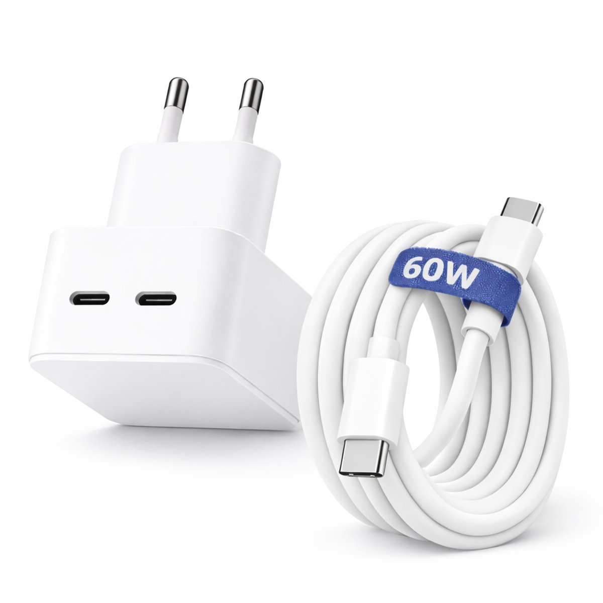 Adapie 35W USB-C Oplader met 1M USB-C / USB-C Kabel – Dubbele USB-C Poort – Wit