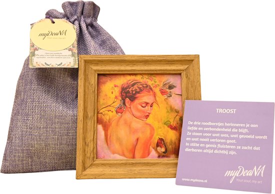 Coffret cadeau avec mini-impression d'art d'une femme et de rouge-gorges, une pochette en lin et une carte poétique.