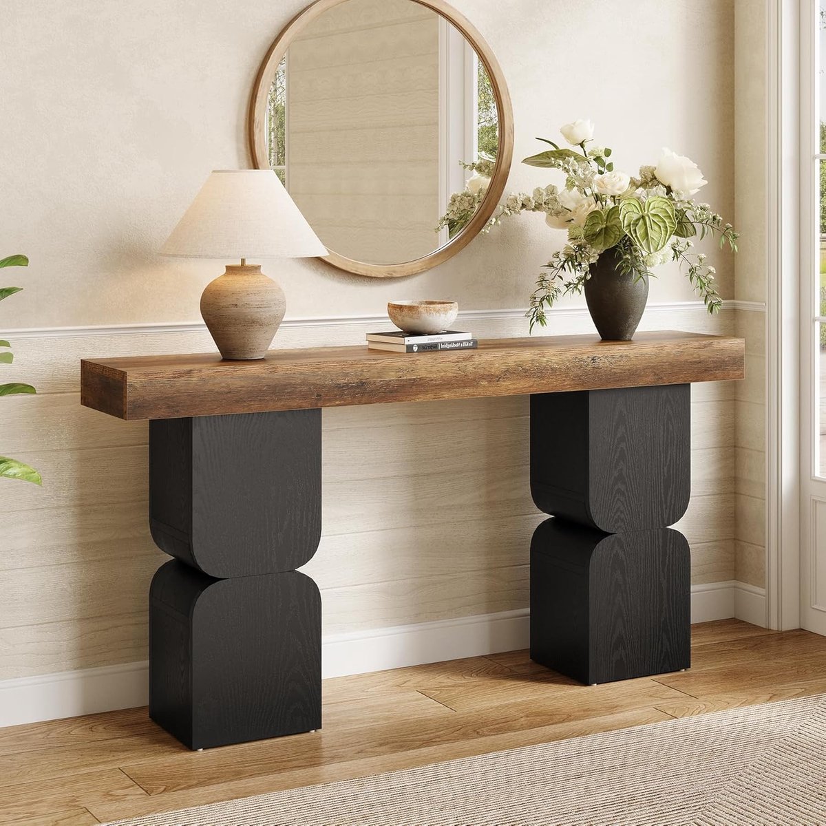 Tribesigns Consoletafel - Sidetable - Hout - colorblocking design - Industrieel - 160 x 30 x 80 cm - Console Tafel voor Hal, Woonkamer, Entree Zwart en bruin