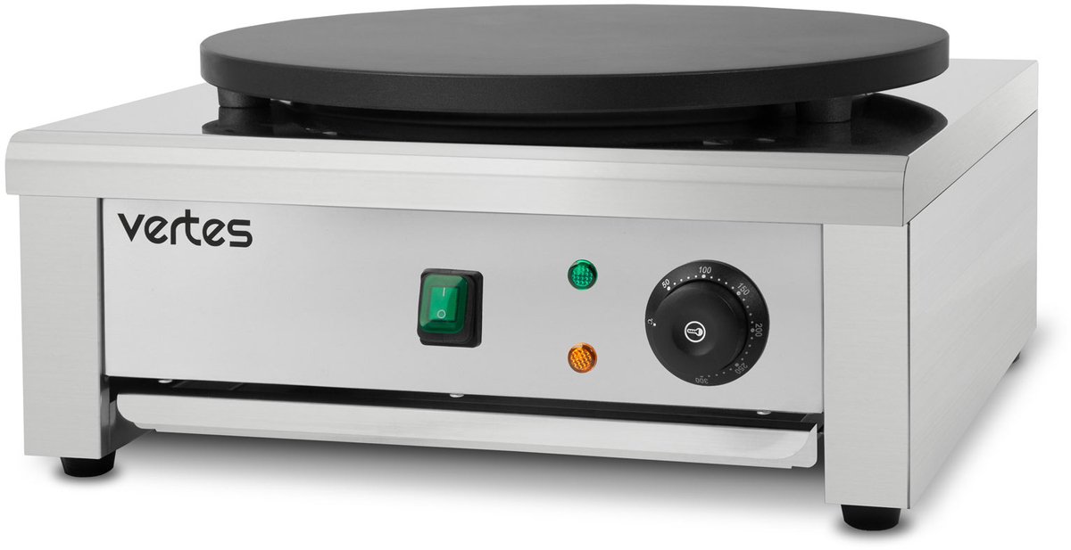 VERTES Crêpesmaker Crêpesplaat Crêpesmaker Elektrisch van roestvrij staal met plaat van 40 cm (3000 W, antiaanbaklaag, temperatuur traploos regelbaar van 50-300 °C, Gastro Profi, incl. houten spatel)