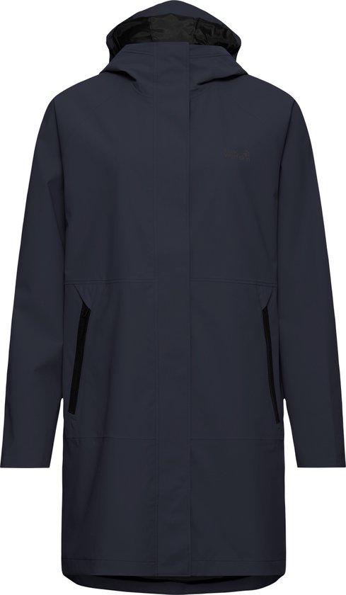 Veste d'extérieur Jack Wolfskin bleu foncé pour femme avec capuche, manches longues et poches zippées.