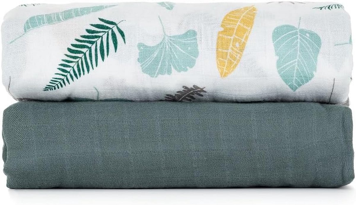 Set van 2 Mousseline Hydrofiele Luiers Bamboe Katoen 120x120 cm Groene Bladeren