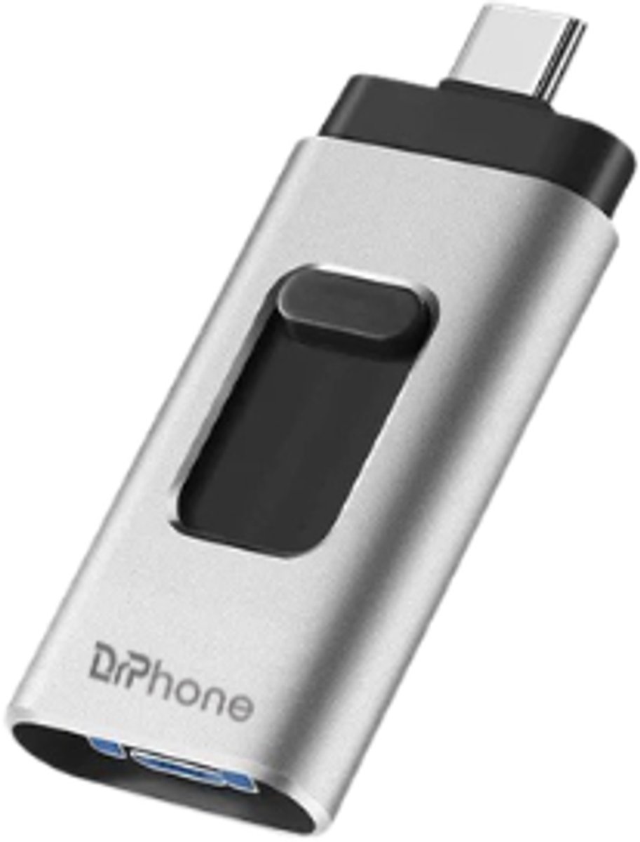 DrPhone EasyDrive - 256GB - 4 In 1 Flashdrive - OTG USB 3.0 + USB-C + Micro USB + Lightning iPhone - Android - Tablet Opslag - Zilver