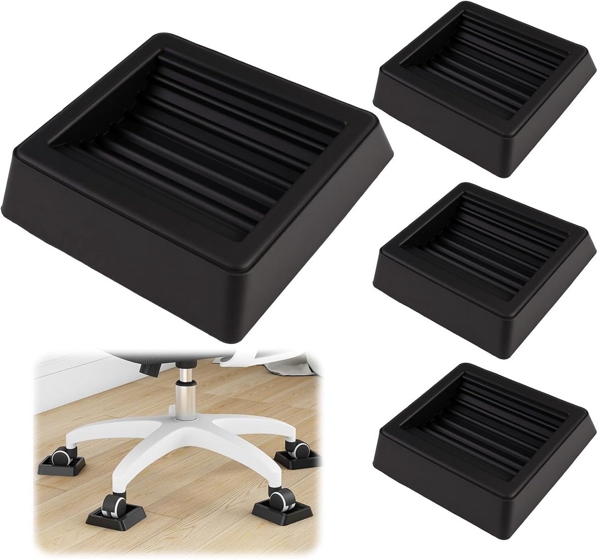 Antislip Meubelonderzetters - Wielstoppers Rolstoppers - Vloer Beschermen - Hoge Kwaliteit Rubber - 8 x 8cm - Zwart