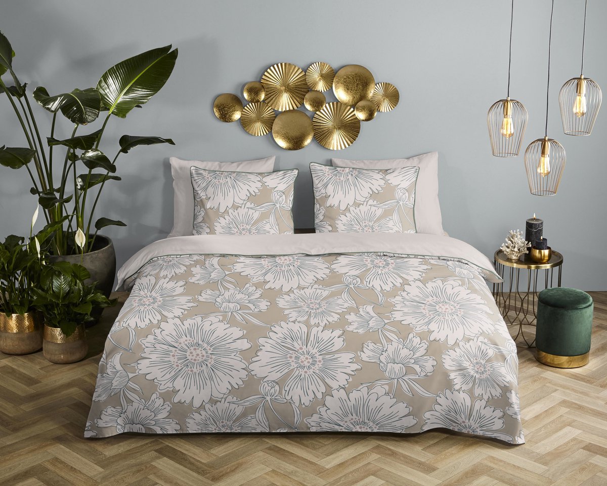 Descanso dekbedovertrek bloemen - 1 persoons 140x200/220 cm - Zand - 100% Katoen satijn