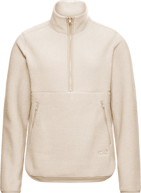 Veste en polaire teddy crème avec demi-zip, deux poches latérales zippées et un logo brodé.