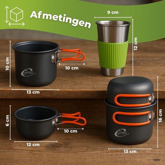Coemo 7-delige outdoor kookset, oranje, campingfornuis, pannenset met rugzakfornuis, roestvrijstalen beker, mes, vork en lepel voor backpacken, kamperen, wandelen en picknicken — afbeelding 4