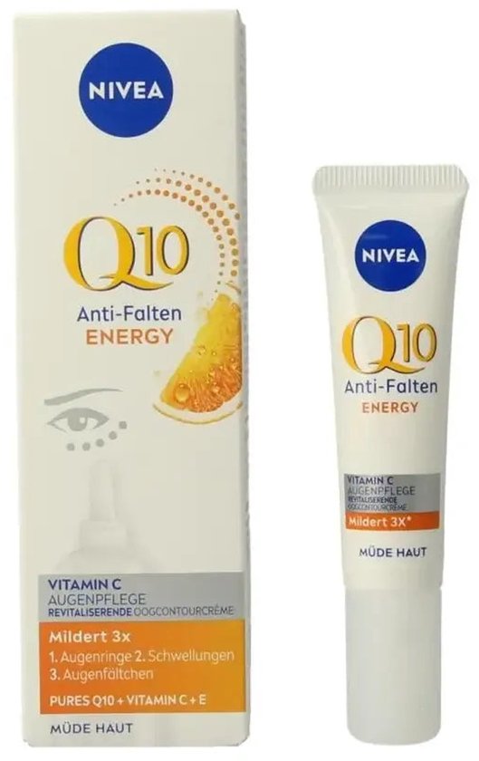 NIVEA Q10 Anti-Falten Energy oogcontourcrème met vitamine C+E. Doos en tube tonen een sinaasappel en tekst. Geschikt voor vermoeide huid.
