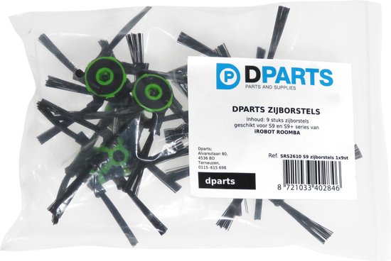 Verpakking met 9 zwarte zijborstels met groene details, voor iRobot Roomba S9/S9+.
