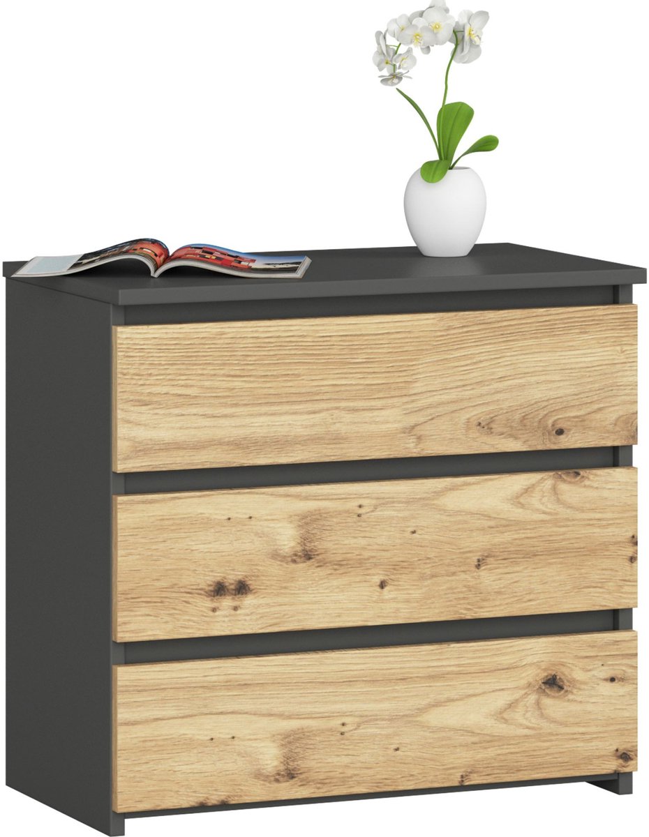 Nachtkastje CL3 met 3 Lades / AKORD Furniture Factory / Grafietgrijs - Eiken / 60 x 57 x 35 cm