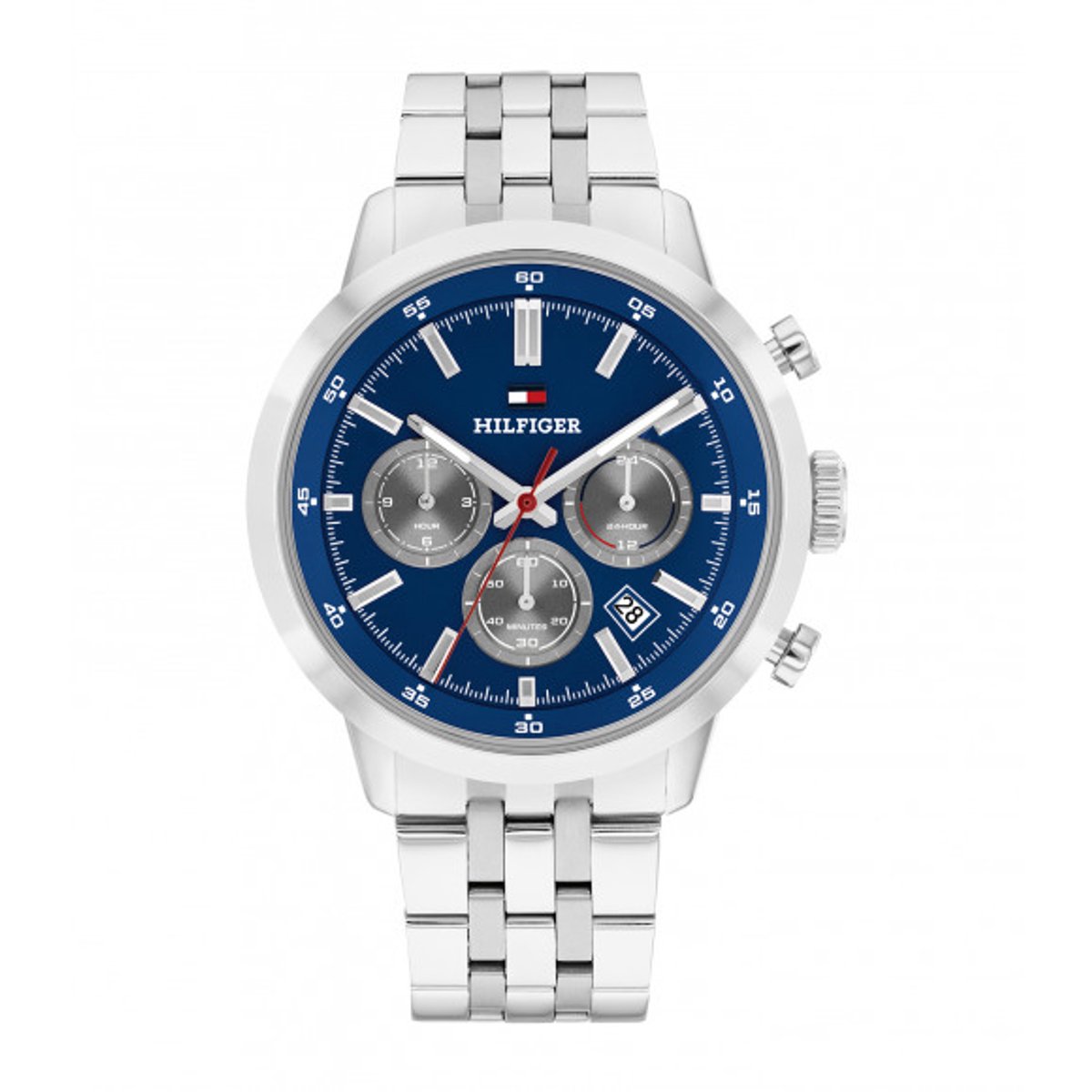 Tommy Hilfiger Dual Time Horloge, Zilverkleurige Stalen Band, Blauwe Wijzerplaat, Stalen Kast, Datum, 43Mm, 5 Atm, 1710753