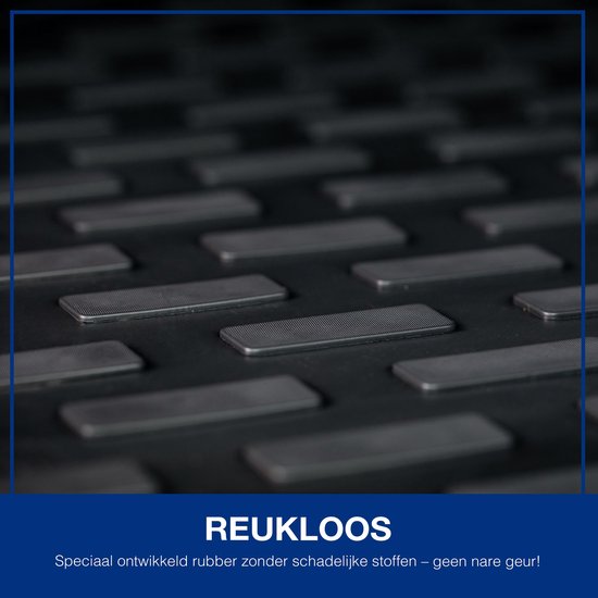 Gedetailleerde close-up van het patroon op de zwarte, geurloze kofferbakmat.