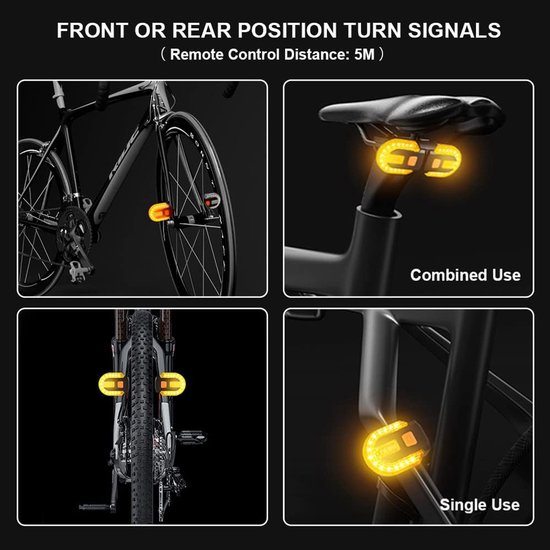 Bike Turn Signals Front Rear - IPX5 Waterproof - Wireless Remote - USB Rechargeable - for MTB Bicycle Scooter — afbeelding 3