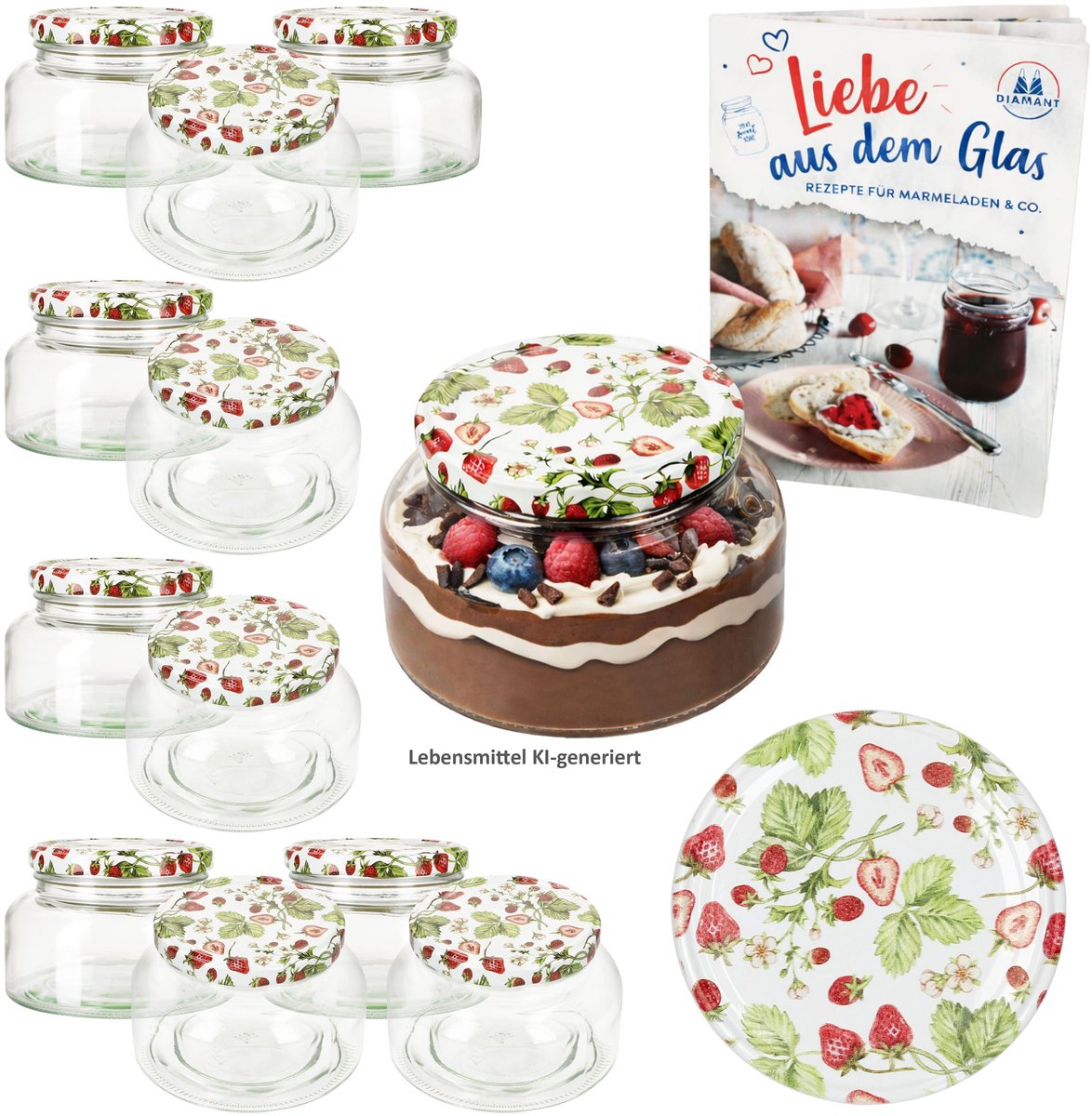 12-delige set yoghurtpot 435ml TO 82 Wald-Erdbeeren deksel incl. receptenboekje