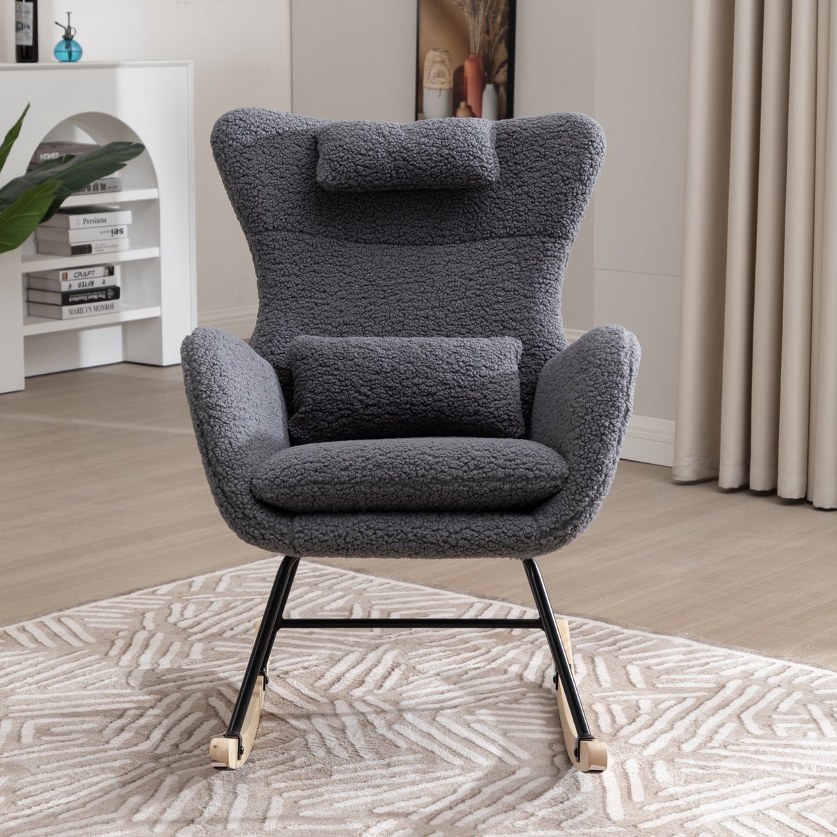 FloraGrace Schommelstoel - Relax Schommelstoel Met Ergonomisch Ontwerp - Met Lendenkussen En Stoffen Bekleding - Grijs