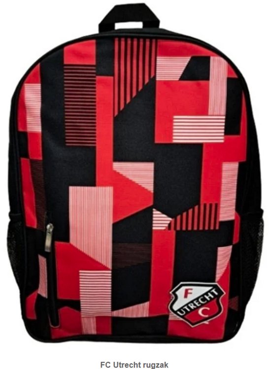 Zwarte rugzak met rood geometrisch patroon en FC Utrecht logo.